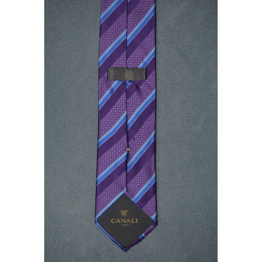 CANALI Purple / Blue Diagnol Striped Thick Woven Silk Tie Made in Italy - Picture 3 of 6